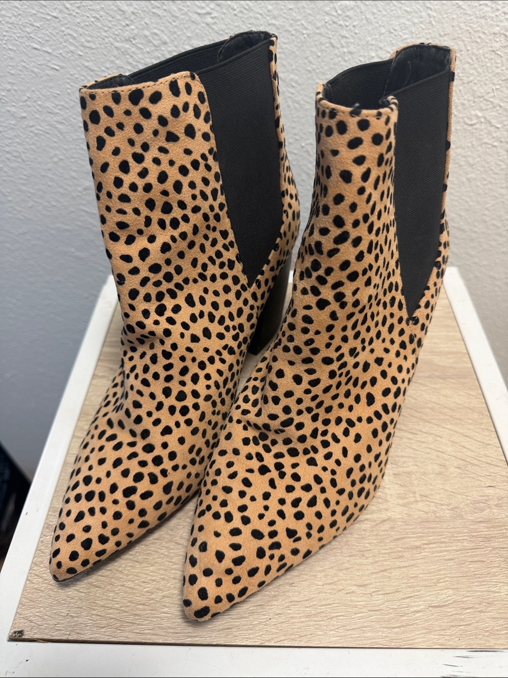 Qupid Leopard Print Tan and Black Pointed Chelsea Booties